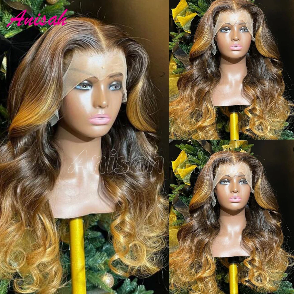 

Brazilian Remy Hair Ombre Lace Front Human Hair Wigs Preplucked Brown Colored Honey Blonde Lace Front Wig Bleached Knots