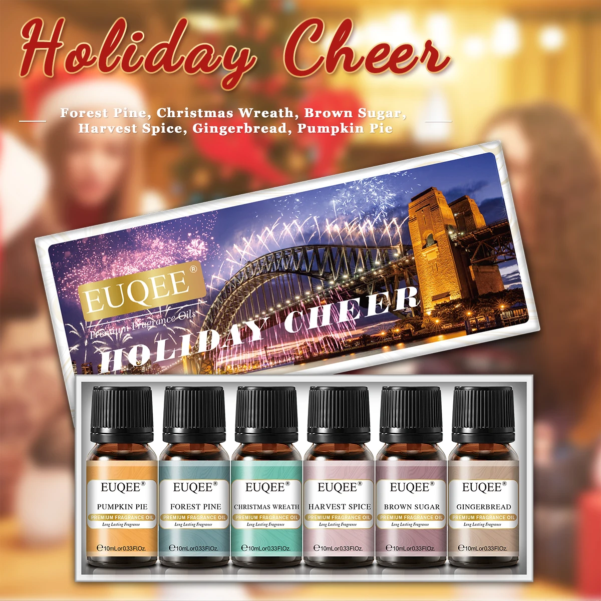 EUQEE-Christmas Fragrance Oils Set for Difusor, Forest Pine, Grinalda de Natal, Açúcar Mascavo, Harvest Spice,Gingerbread, Pumpkin Pie