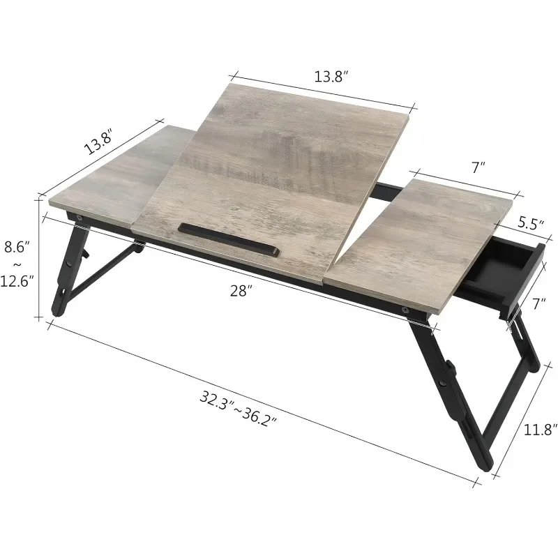 Bamboo Laptop Desk Bed Tray Table Adjustable Table for Computer Tilting Top Foldable Leg with Drawer