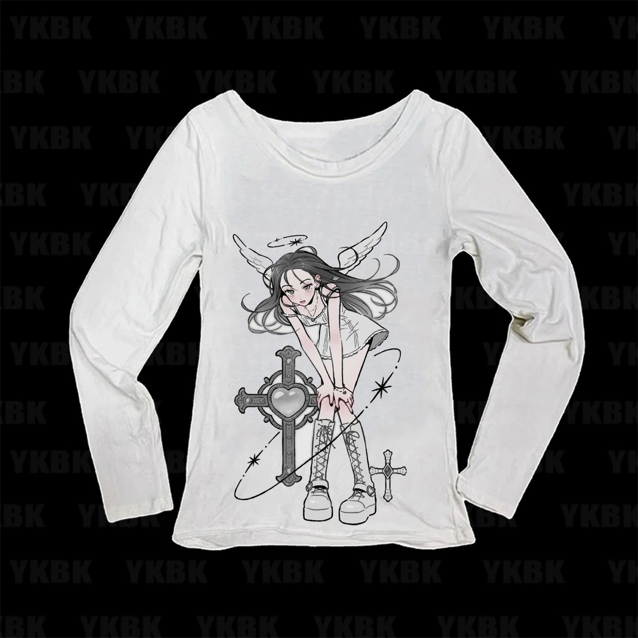 Y2K Gothic Women Long Sleeve T‑shirt Fallen Angel Cross Anime Graphic Alt Slim Streetwear Tops