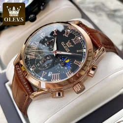 OLEVS 2871 Men Watches Brown Leather Top Brand Luxury Date Waterproof Luminous Chronograph Quartz Watch Men Relogio Masculino