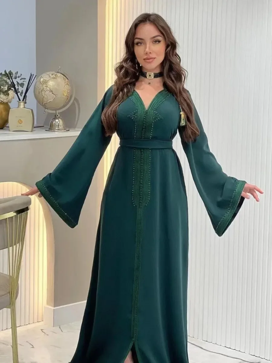 Jalabiya Middle Kaftan Women Eid Muslim Belt Dress Dubai Robe Islamic Abaya Turkey Party Dresses Ramadan Abayas Elegant