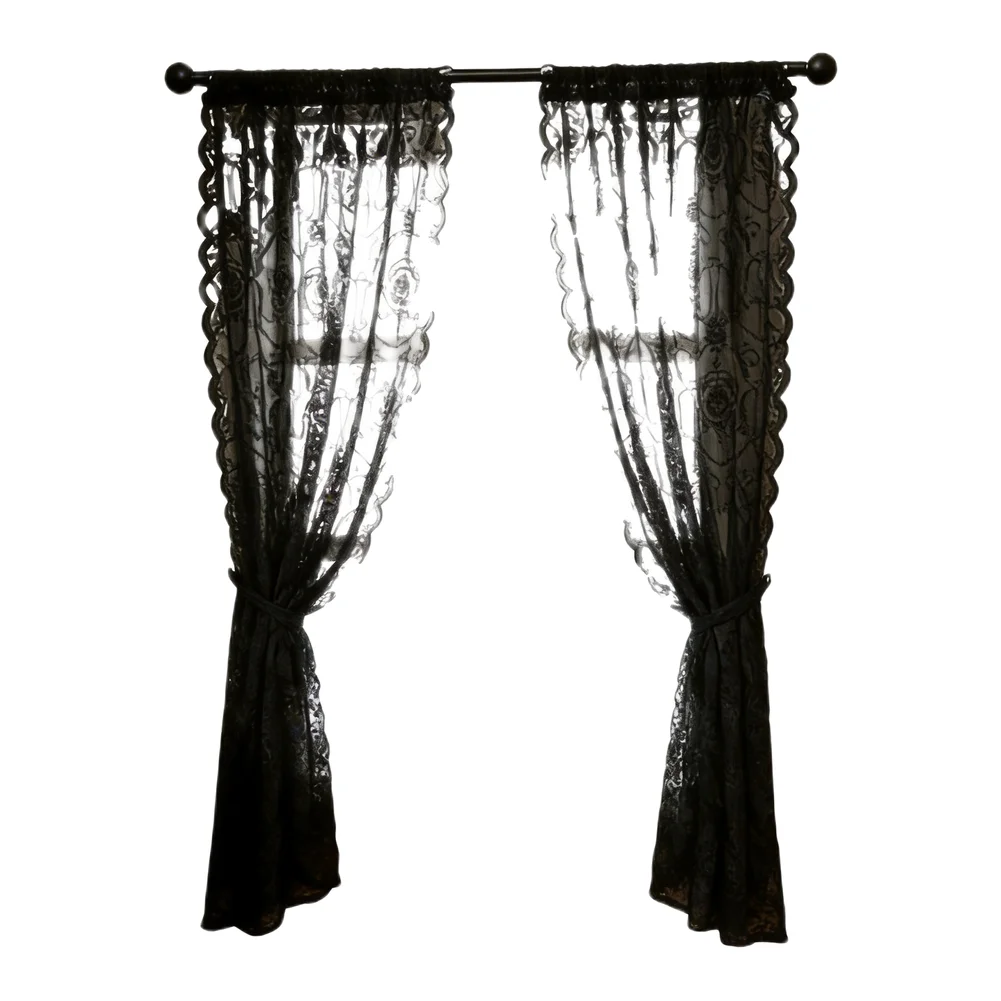Black Lace Sheer Curtains Polyester European Vintage Style Window Drapes for Living Room Bedroom Study Kitchen