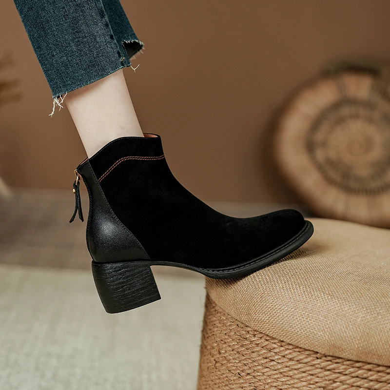 NEW Autumn/Winter Women Boots Round Toe Chunky Heel Boots Sheep Suede Leather Shoes for Women Retro Ankle Boots Botas De Mujer