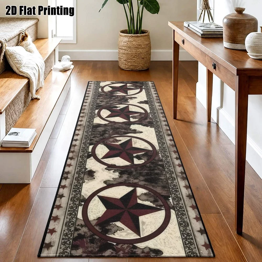 1Pc American Country Five Pointed Star Pattern Printed Long Carpet, Retro Vintage Denim Style Corridor Carpet, Suitable for Kitchen, Bedroom, Foyer, Balcony, Entrance, Bedside, Retro Country Style Home Soft Decoration
