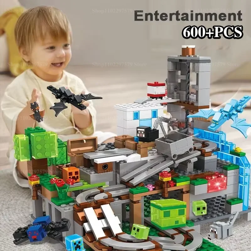

600PCS Building Blocks Set with Skeleton Monster Mine Cart Tracks Waterfall Trees Creative DIY Castle Adventure Toy for Kid Gift