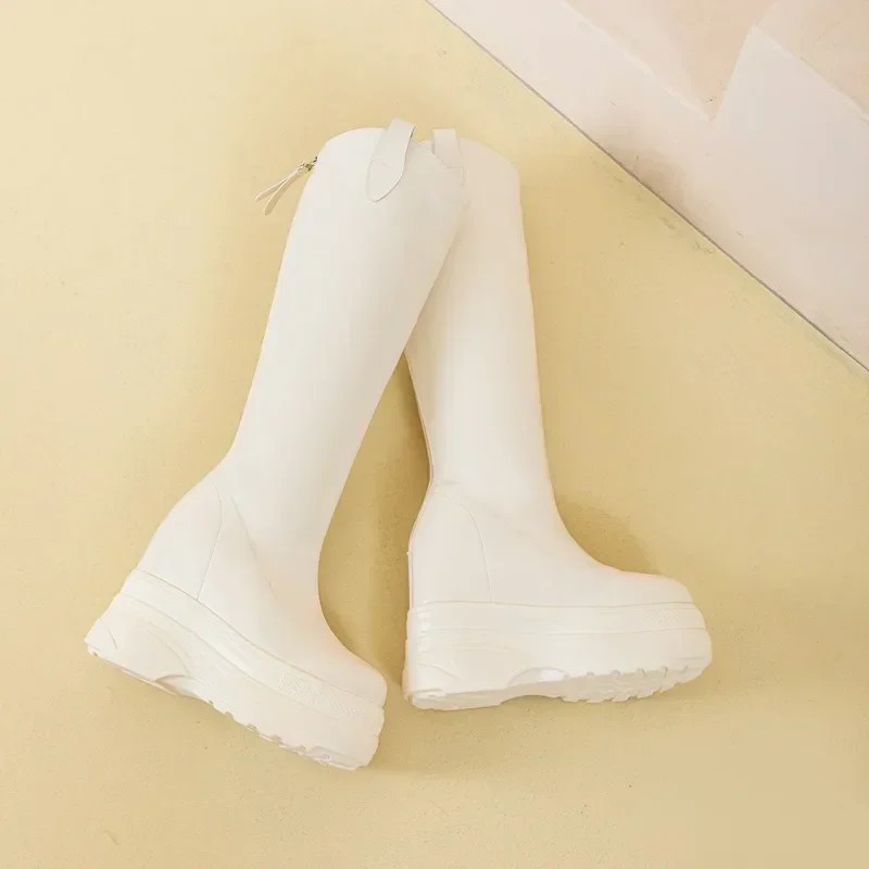 عالية الجودة جلد طبيعي أحذية عالية في الركبة 11 سنتيمتر كعب عالية الداخلية زيادة منصة الأحذية للنساء موضة أحذية عالية في الركبة