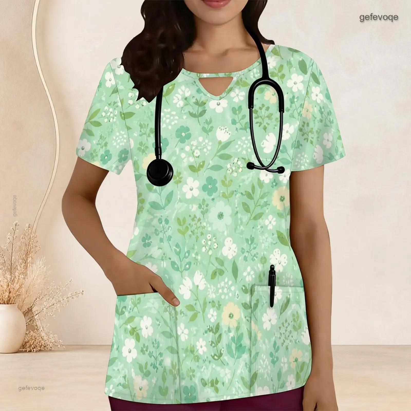 Women Scrub Top with Print Keyhole Neck Short Sleeve Front Pockets