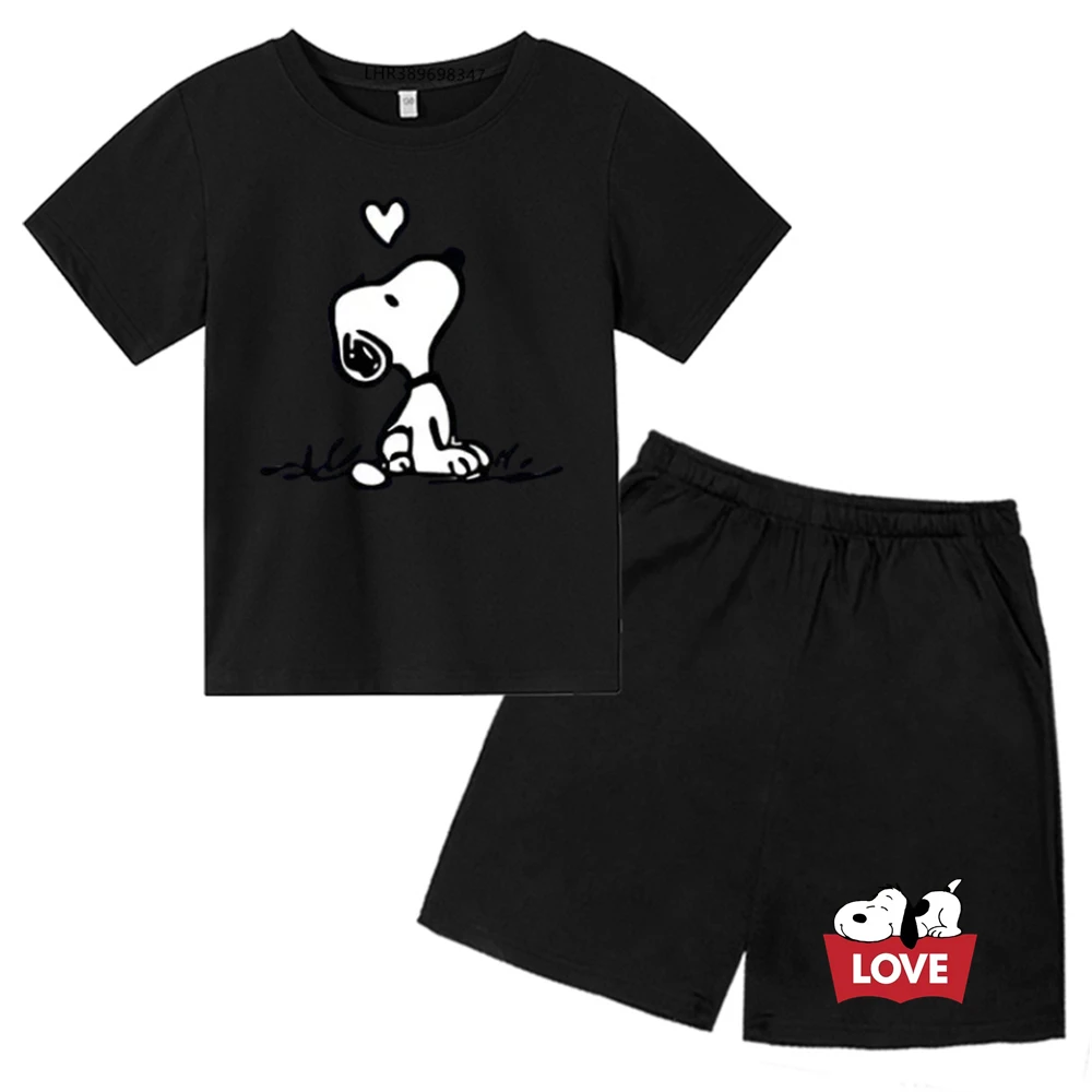 Children's TShirts Boys Girls Fashion Set Summer T-shirt Cute Snoopy Cotton Print Round Neck Short Sleeve+Shorts Kids Clothes