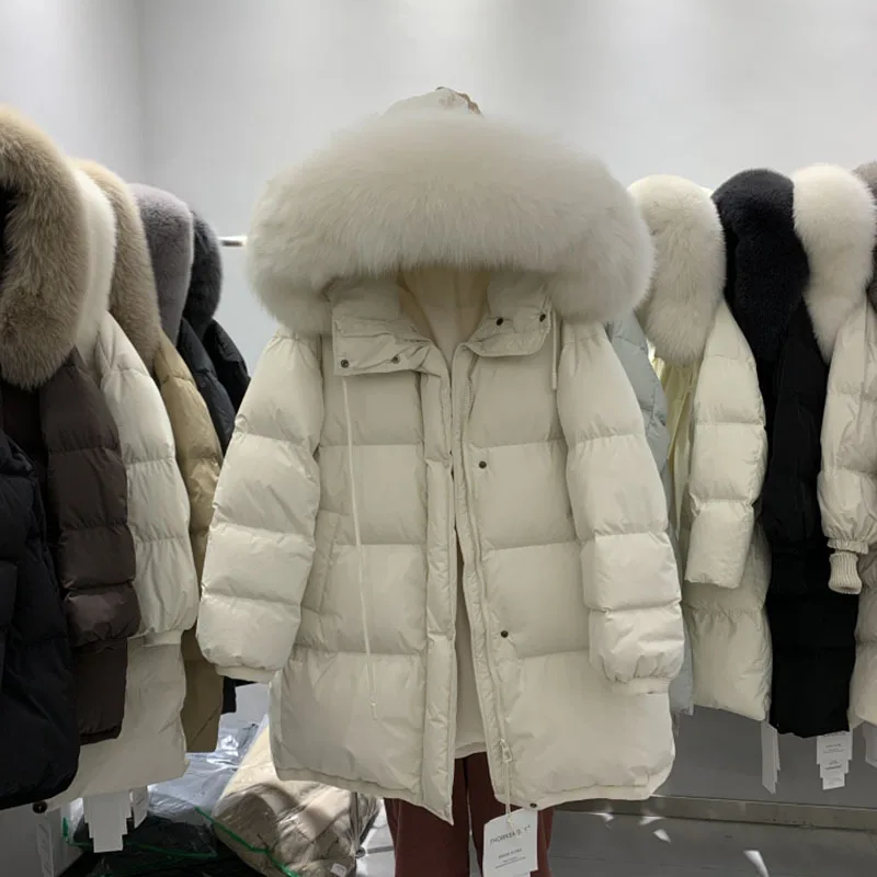 Winter Clothes for Women New 90 White Duck Down Thick Warm Gutless Long Down Coats Fox Big Fur Collar Casual Loose Hooded Parka