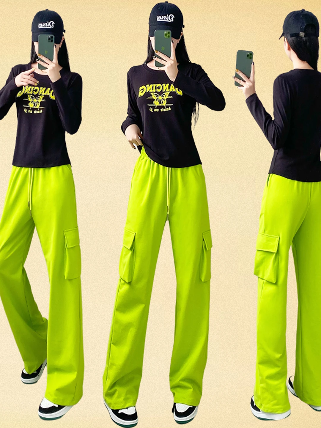 Women's Square Dance Fitn Workout Long Sve Set Cotton Jazz Dance Sportswear Two-Piece Outfit Elastic Waist Trousers