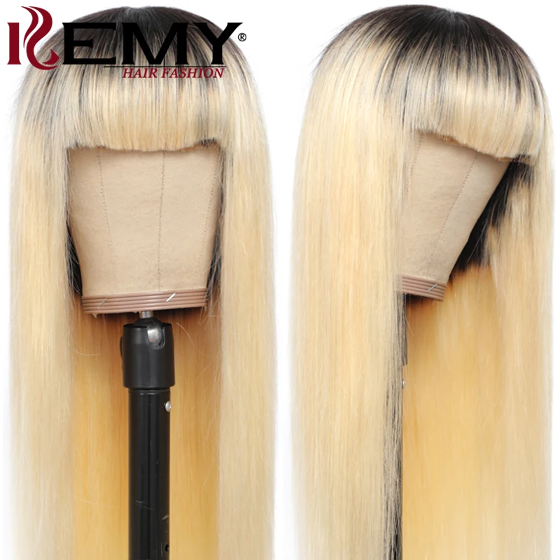 Brazilian Straight Human Hair Wig With Bangs 1B/613 Ombre Blonde 99J Burg Red Bangs Wig Remy Hair Wigs For Black Women 150% KEMY