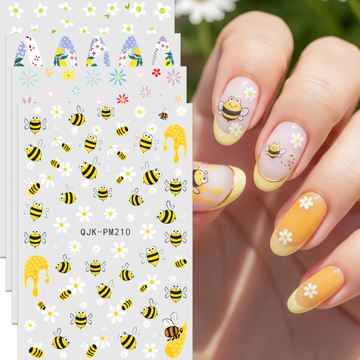 Pegatinas para uñas Fresh Spring Honeybee & Daisy - Calcomanías coloridas para uñas con diseño de abeja, margarita y tulipán - Para uso diario en primavera, Pascua, fiestas, etc.