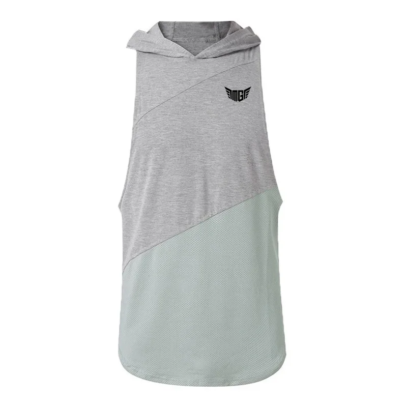 Men Fashion Splicing Hooded Sleeveless Loose Tank Tops Gym Fitness Casual Summer Sun Protection Cool Feeling Cotton Mesh T-shirt