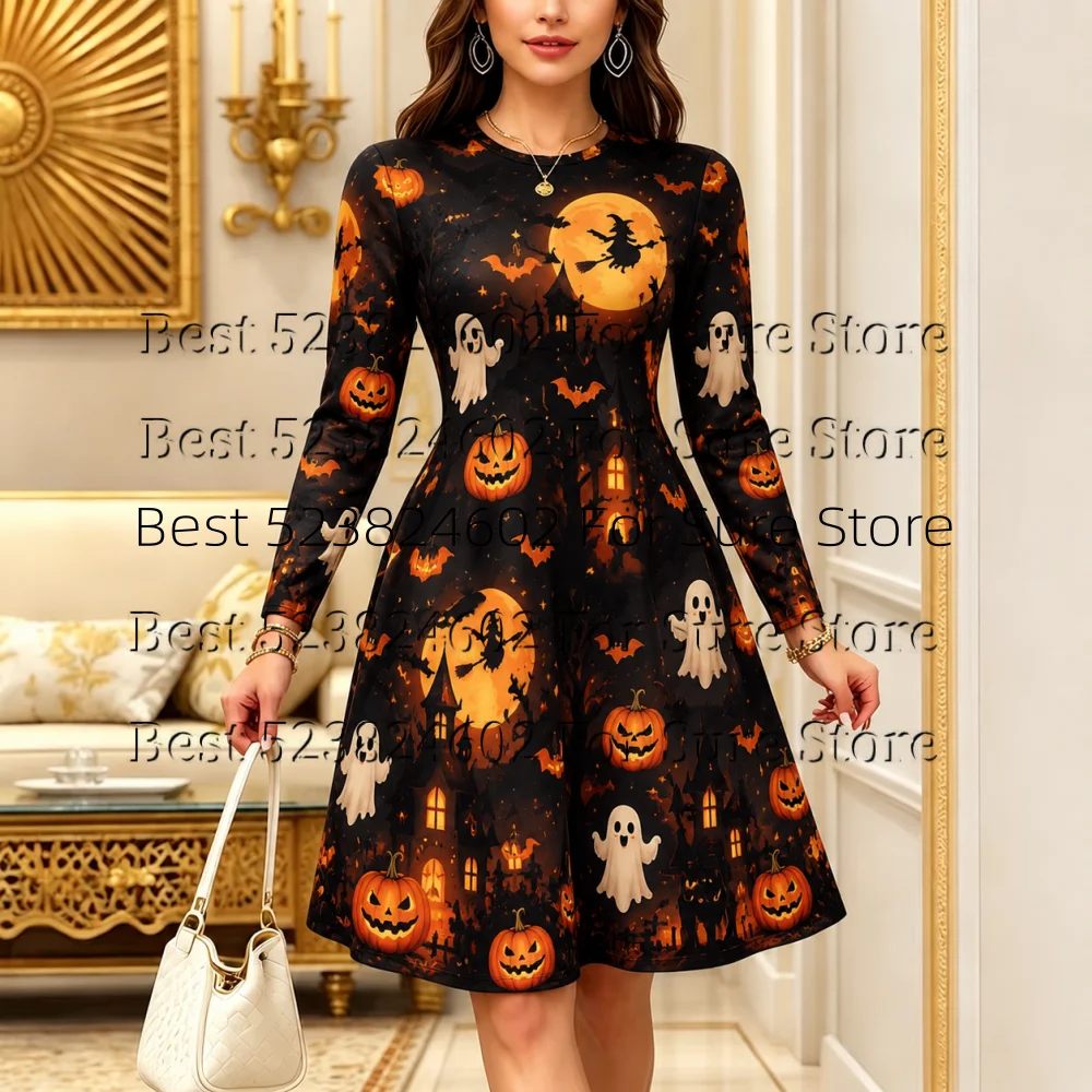 Damen-Halloween-Midikleid mit Print, O-Ausschnitt, lange Ärmel, A-Linien-Swing-Kleid, Kürbis-Hexen-Schloss-Muster, lässiges Party- und Urlaubskleid – Detail 4
