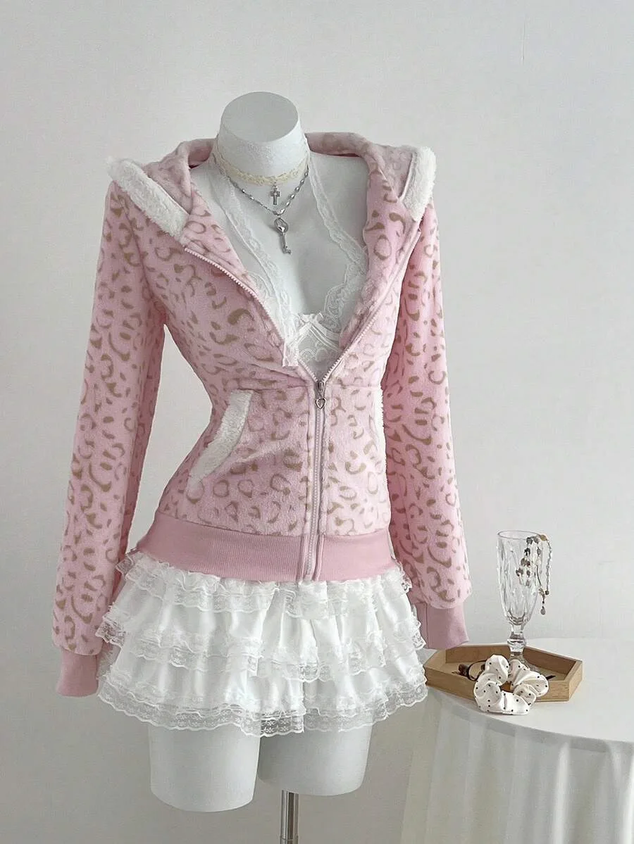 Y2k Harajuku pink leopard print Punk Kawaii Aesthetic American autumn winter Retro fashion zipup cardigan hooded slim fit Hoodie