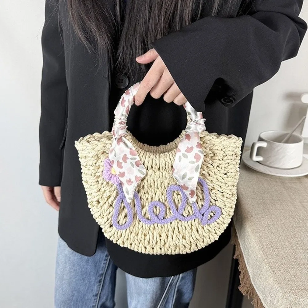 

Handmade Moon Shaped Beach Straw Bag Ribbon Hollow Knitted Shoulder Bag Flower Tote Bag Woven Underarm Bag Vacation
