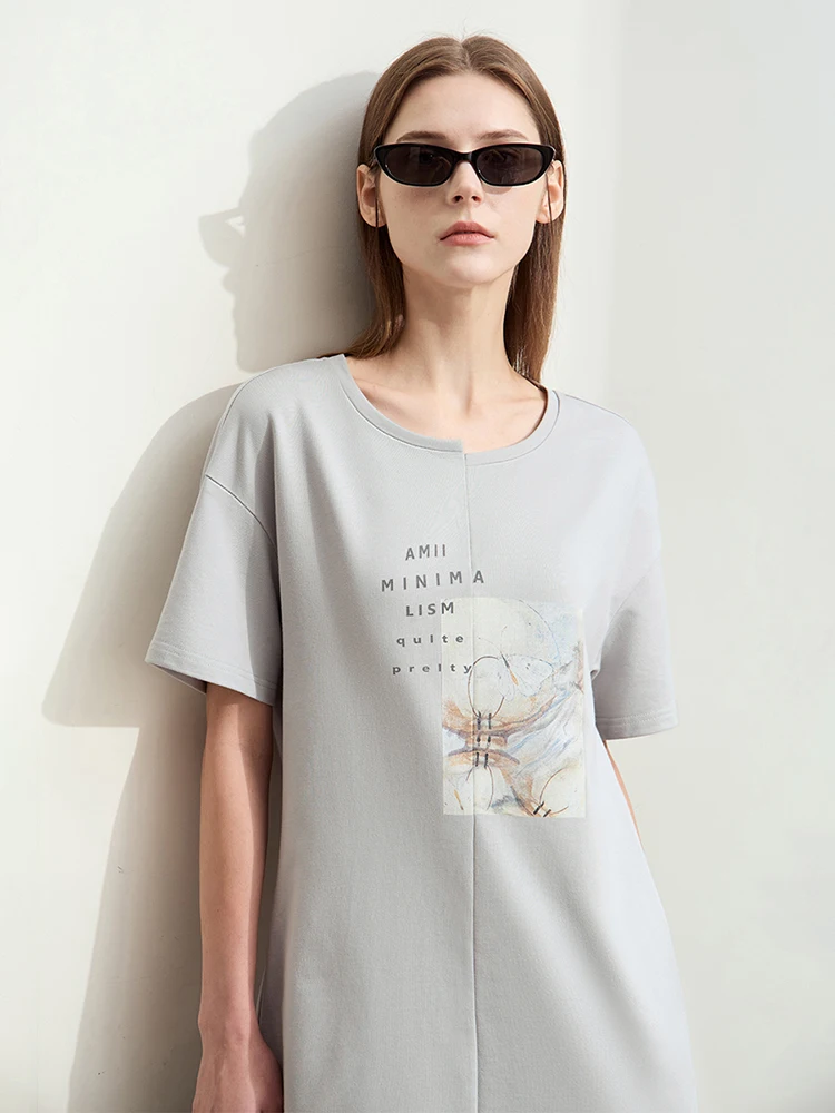 Amii Minimalism 2024 Summer New Spliced Casual Dresses Letter Abstract Print Short Sleeve Sweatshirt Dress for Women 12442316