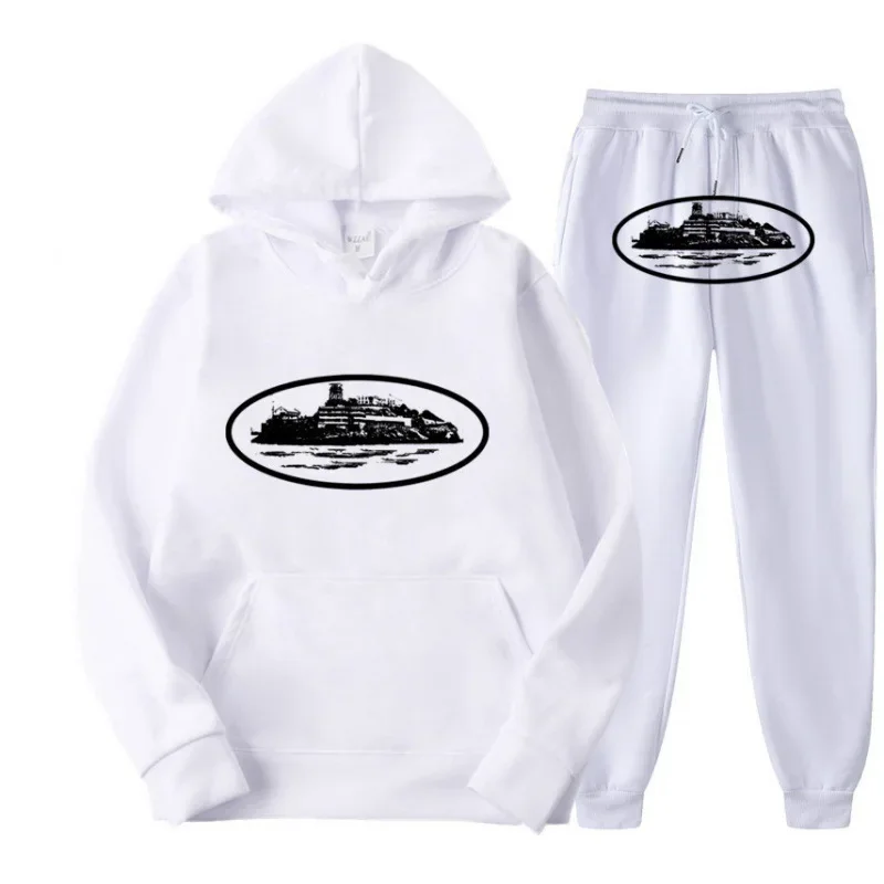 يتميز مجموعة الأزياء ذات القلنسوة مع سويت شيرت طويل بغطاء للرأس بأكمام طويلة وطبعة معدل ضربات القلب من البوليستر السميك للرجال