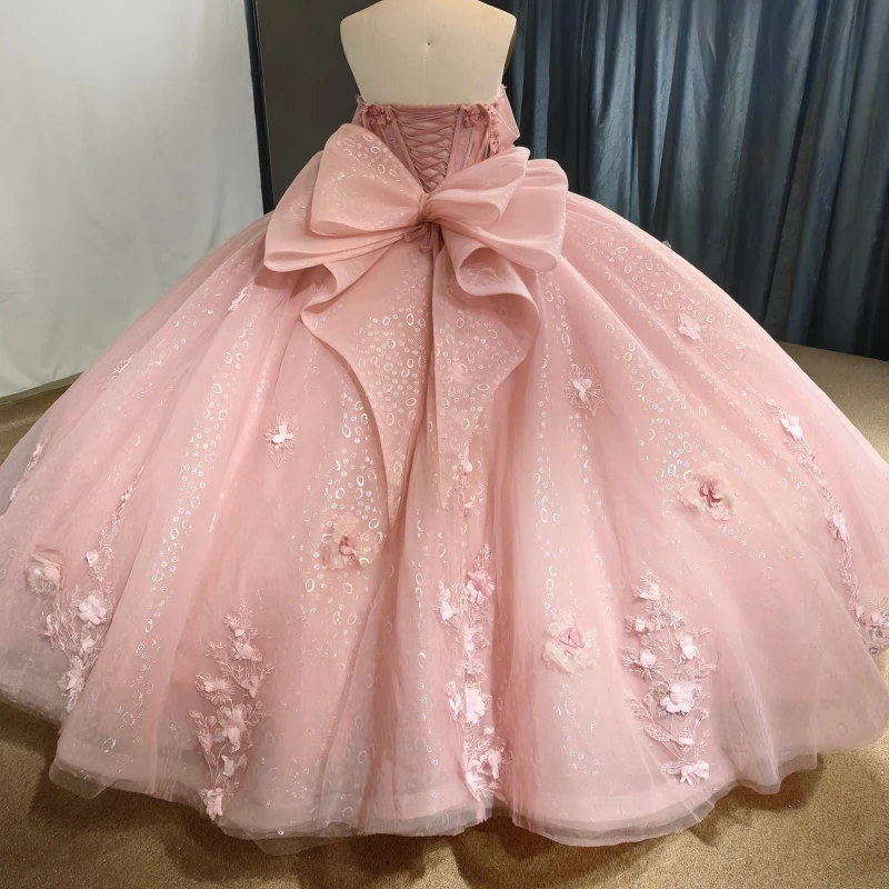 فساتين Quinceanera الوردية اللامعة قبالة الكتف زين زهرة تول الديكور القوس مشد حفلة عيد ميلاد الحلو 16 فستان