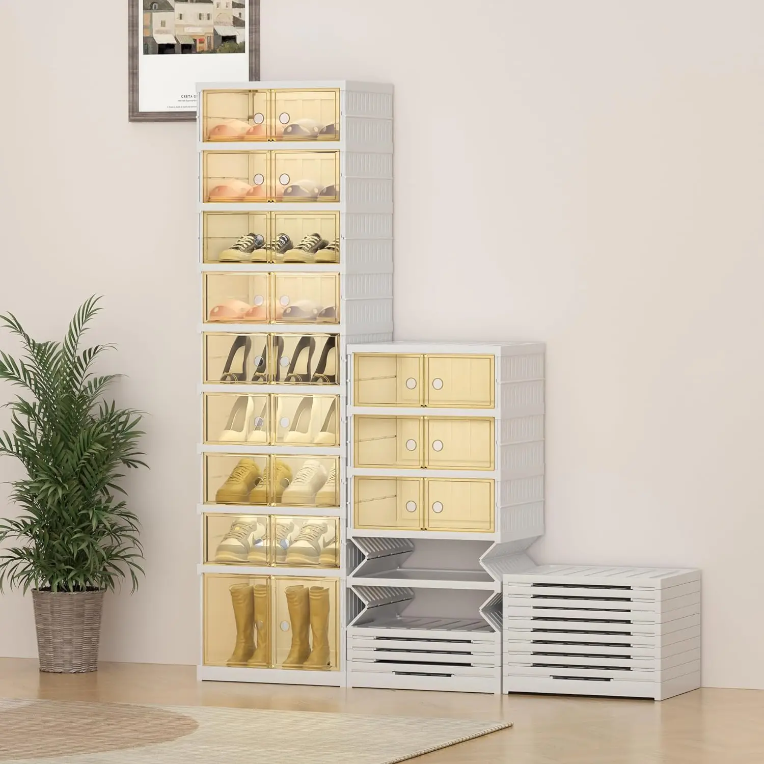 9 Tier 36 Pairs Shoe Organizer Cabinet Stackable Sneaker Storage Boxes, Foldable Shoes Storage Box with Doors Plastic Storage