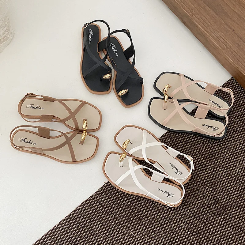 2026 New Women's Summer Outdoor Wear French Style Flat Bottom Sandals High Quality PVC Material Adults Roman Style Slippers