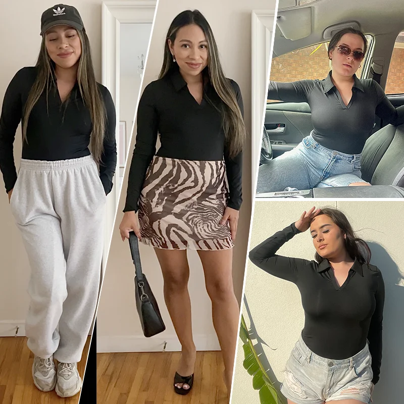 Women Sexy Long Sleeve Bodysuit Turn-down Collar V Neck Shapewear Tummy Control Butt Lift Shirt Seamless Compression