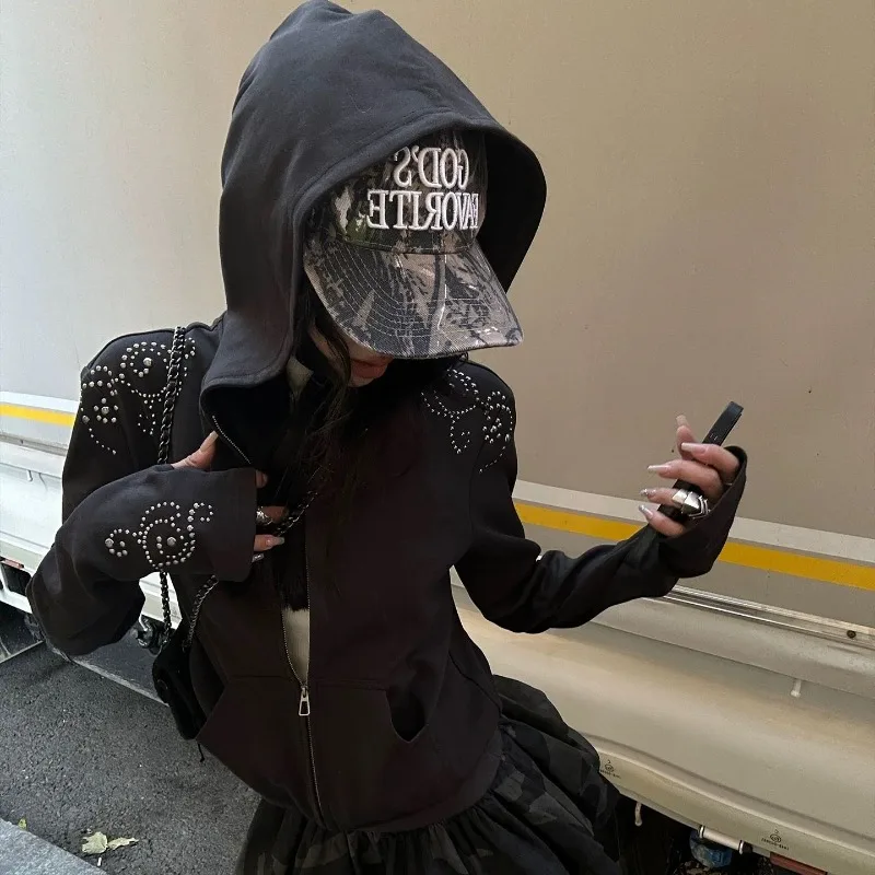 ديبتاون الأسود الجمالية حجر الراين المرأة هوديس الشرير Harajuku خمر سحاب أكمام طويلة بلوزات ضئيلة الجرونج الشارع الشهير #1