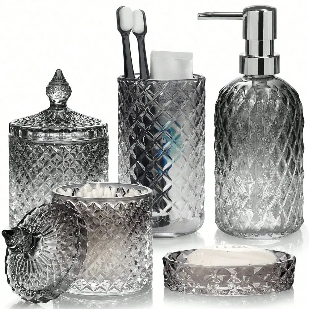 

Bathroom Accessories OrganizerBlack Bathroom Accessories Set, 5 Pcs Glass Bathroom Accessories With Lotion Soap Dispenser, Soap