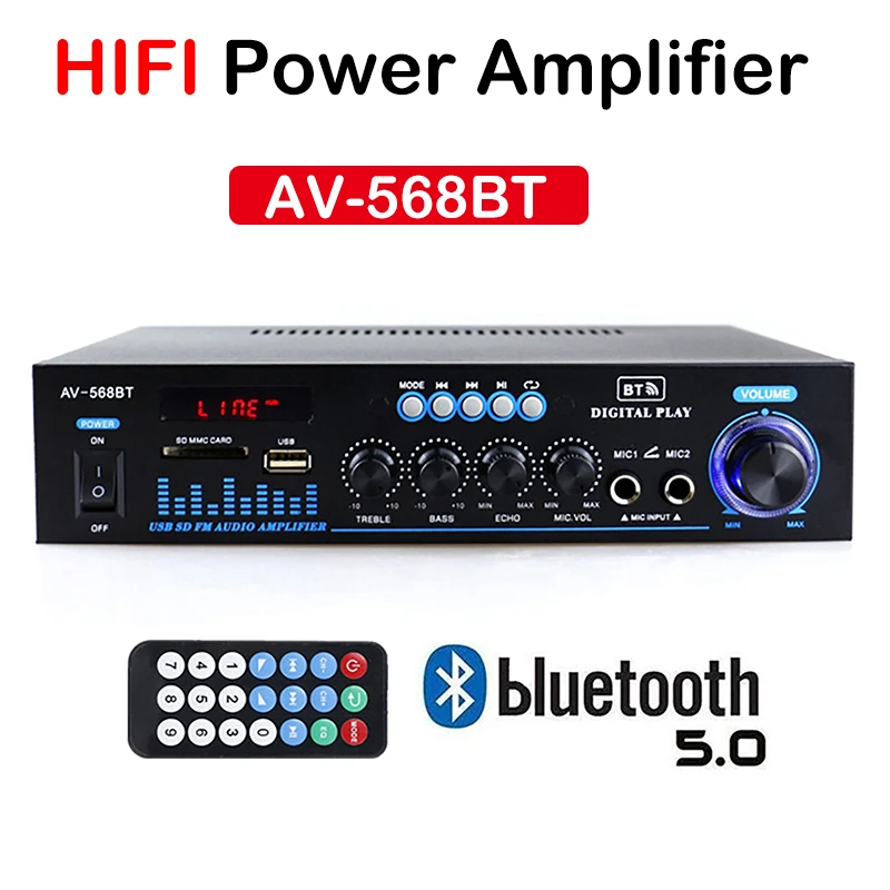 Audio Power Stereo Amplifier AV-568BT Bluetooth Amplifier 2.0 Channel 50Wx2 With 2 RCA Inputs USB SD Readers EU/US Plug