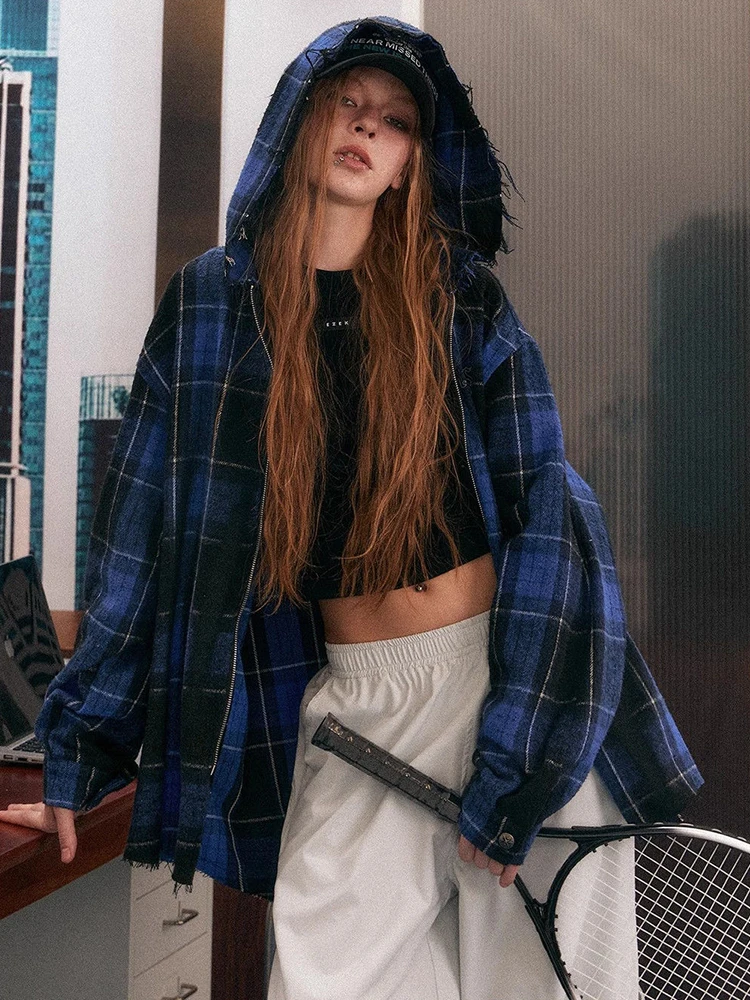 

Vintage Hooded Shirt for Women Korean Streetwear Long Sleeve Loose Zipper Jacket Y2K Gothic American Retro Plaid Blouse Mujer
