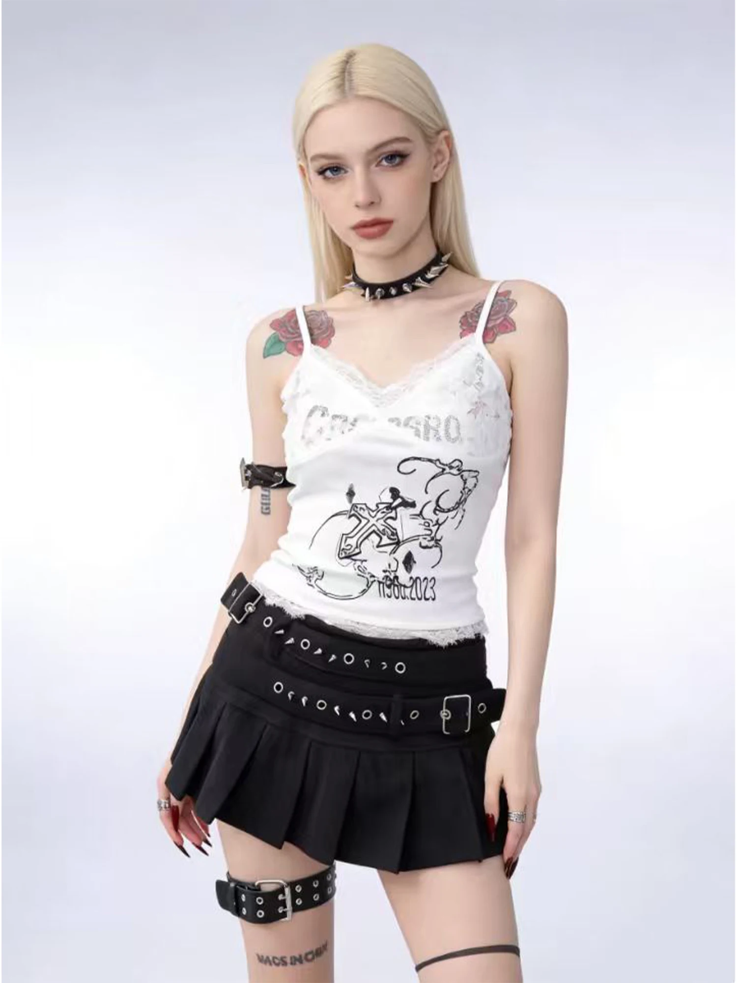 Women Black Gothic Emo Y2K Gyaru JK Mini Skirt Punk High Waist A-Line Pleated Mini Skirt With Belt for Women 2026 Spring Summer
