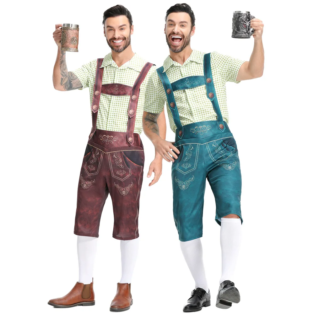 

Oktoberfest Men Short Lederhosen With Suspender Cowhide Suede Leather Embroidery On Front Buttons Closing Sides&backside Pocket