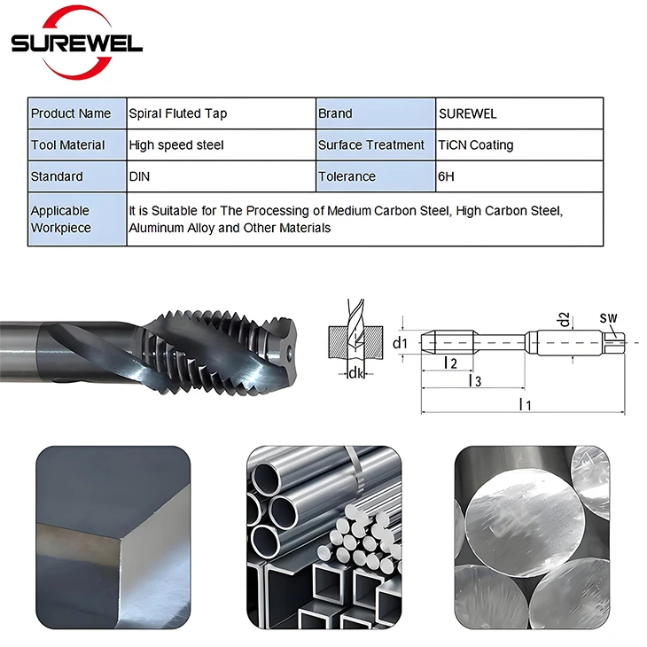 SUREWEL HSSE-Taps metrische M1~M24 und UNC 2-56~UNC1-8 Amerikanische INOX spiralgeriffelten Gewinde-Maschinen-CNC-Maschinen-Gewi – Detail 2