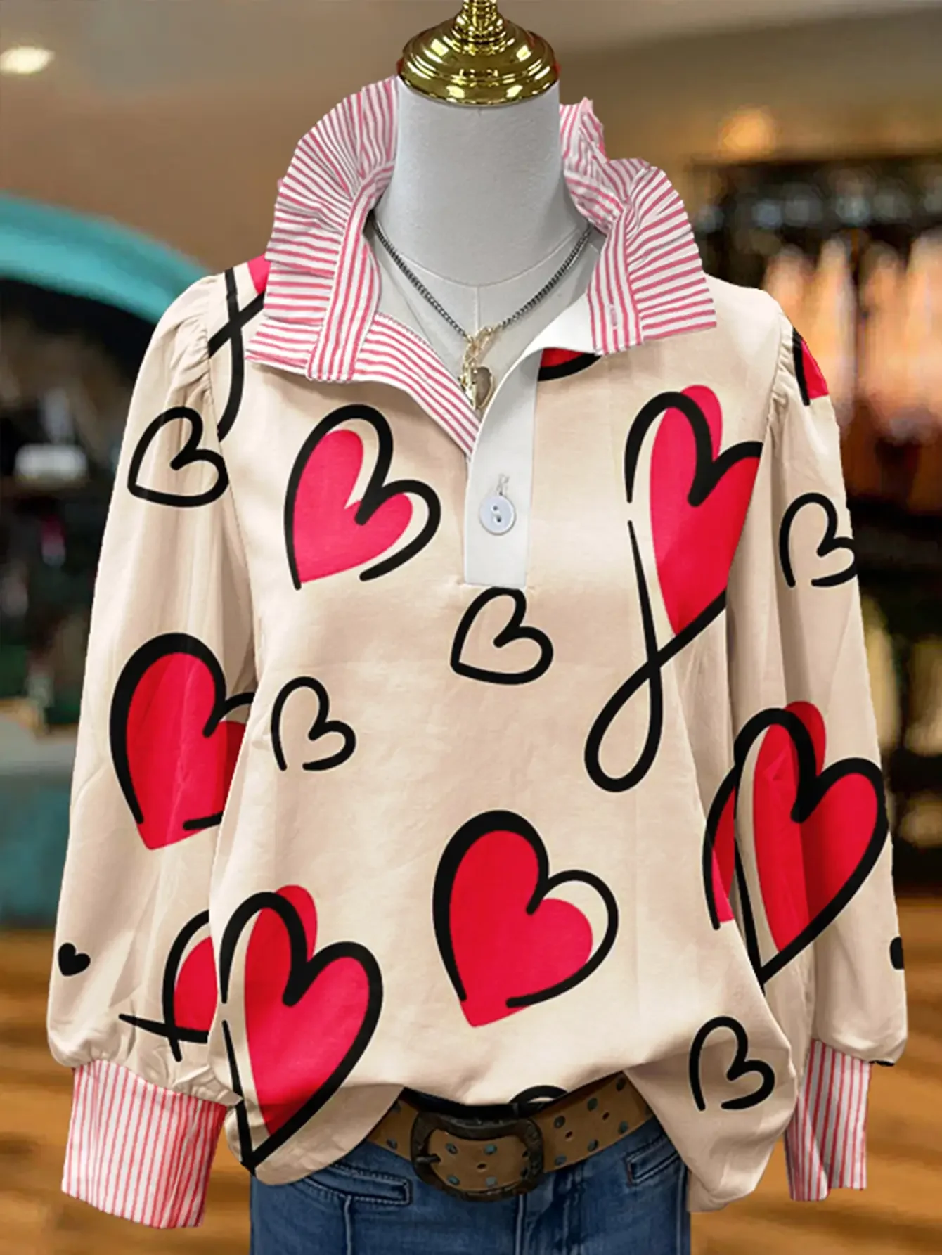 Women's striped casual fashion shirt, multi-color striped collar, Lotus leaf edge and layered collar design