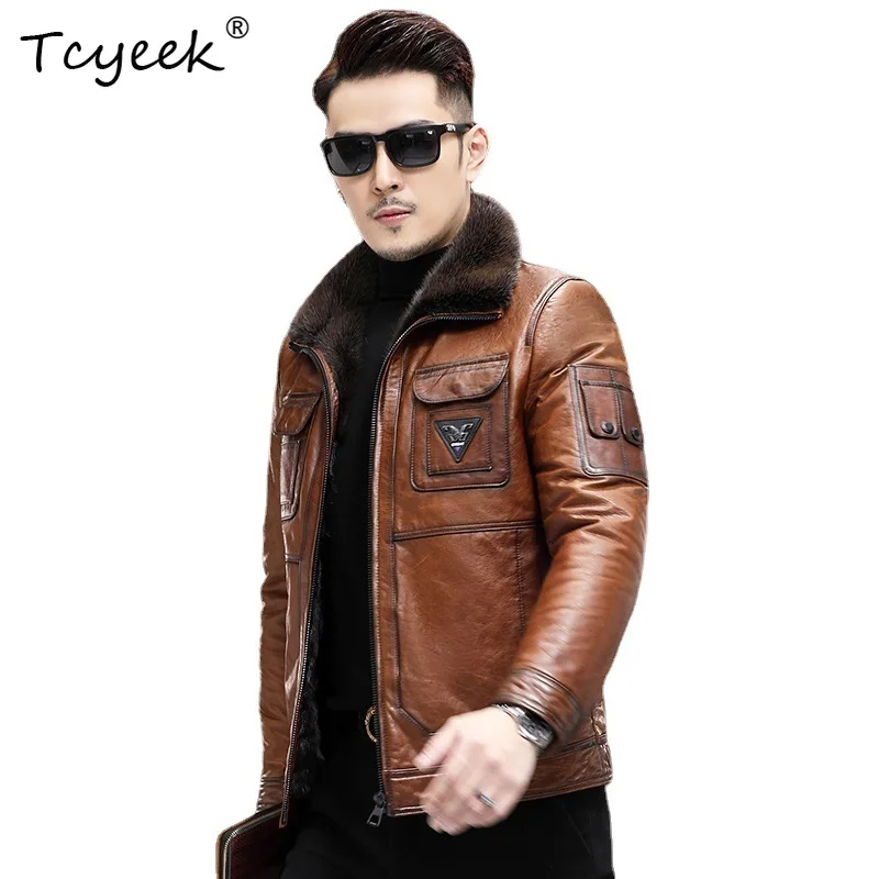 

Tcyeek Осенне-зимняя модная однотонная мужская куртка из натуральной кожи с лацканами из норки и внутренней подкладкой Jaqueta De Couro Masculina