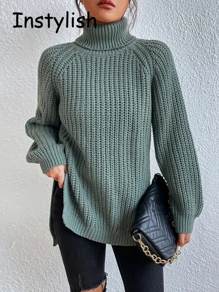 Women Winter Turtleneck Loose Sweater Elegant Drop Sleeve Side Split Pullover Vintage Harajuku Chic Jumpers Oversized knit Tops