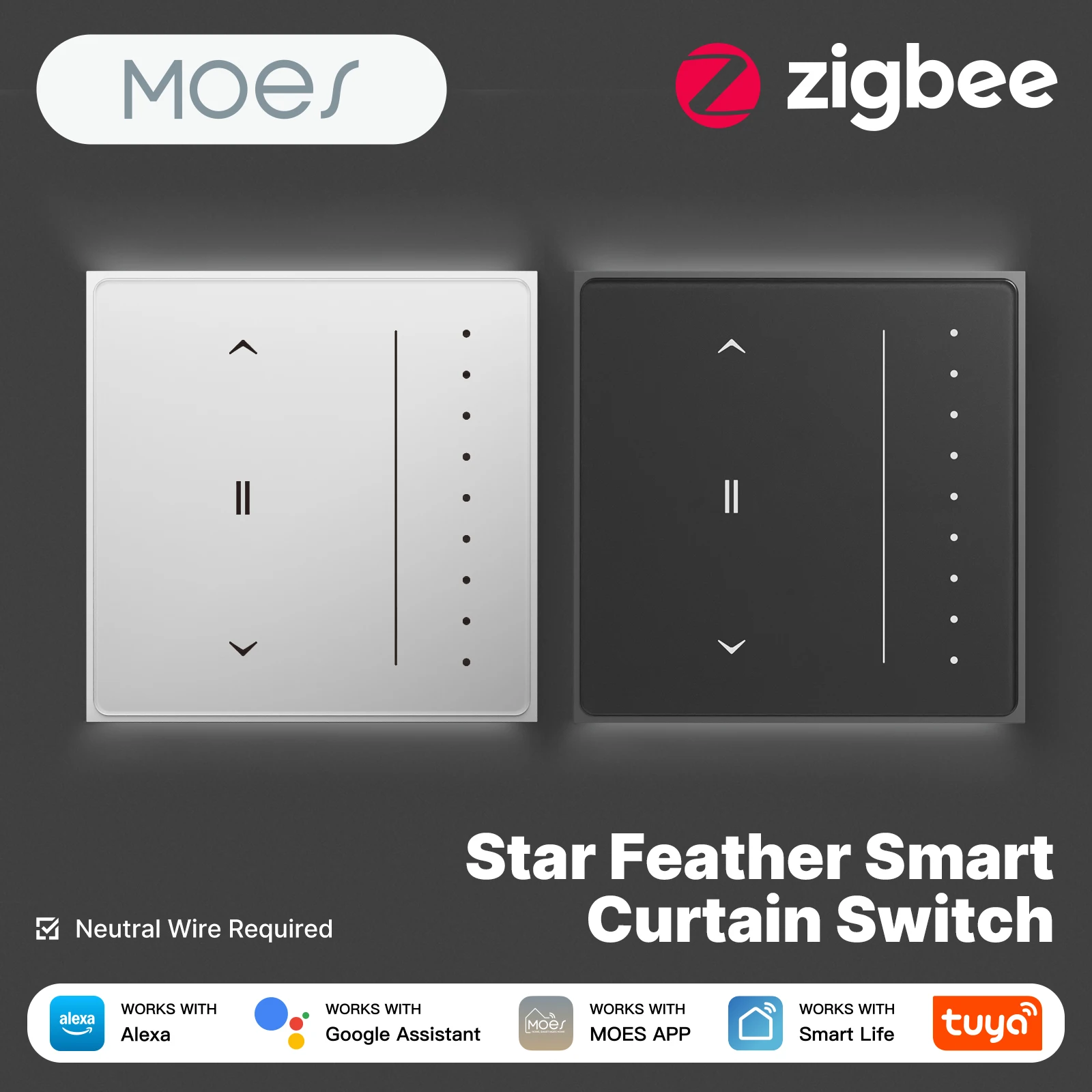 MOES Zigbee Smart Curtain Switch, AG Touch Panel, Tuya App Voice Control for Electric Roller Blinds, Neutral Wire Required