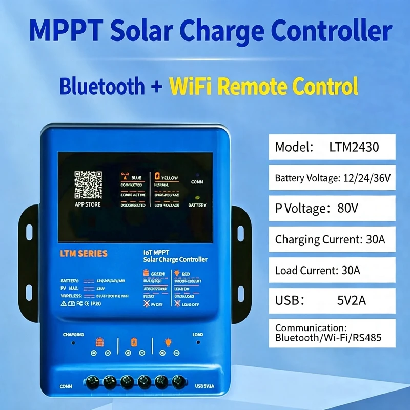 MPPT Solar Charge Controller Built-in WiFi&Bluetooth,RJ485 Communication,Smart Remote Control Via Mobile APP for Panel System