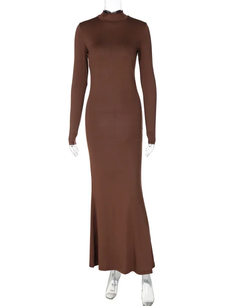 Skinny Turtleneck Backless Maxi Dress Women\'s Patchwork High Waist Solid Fashion Hollow Out Party Dress Female Long Dress