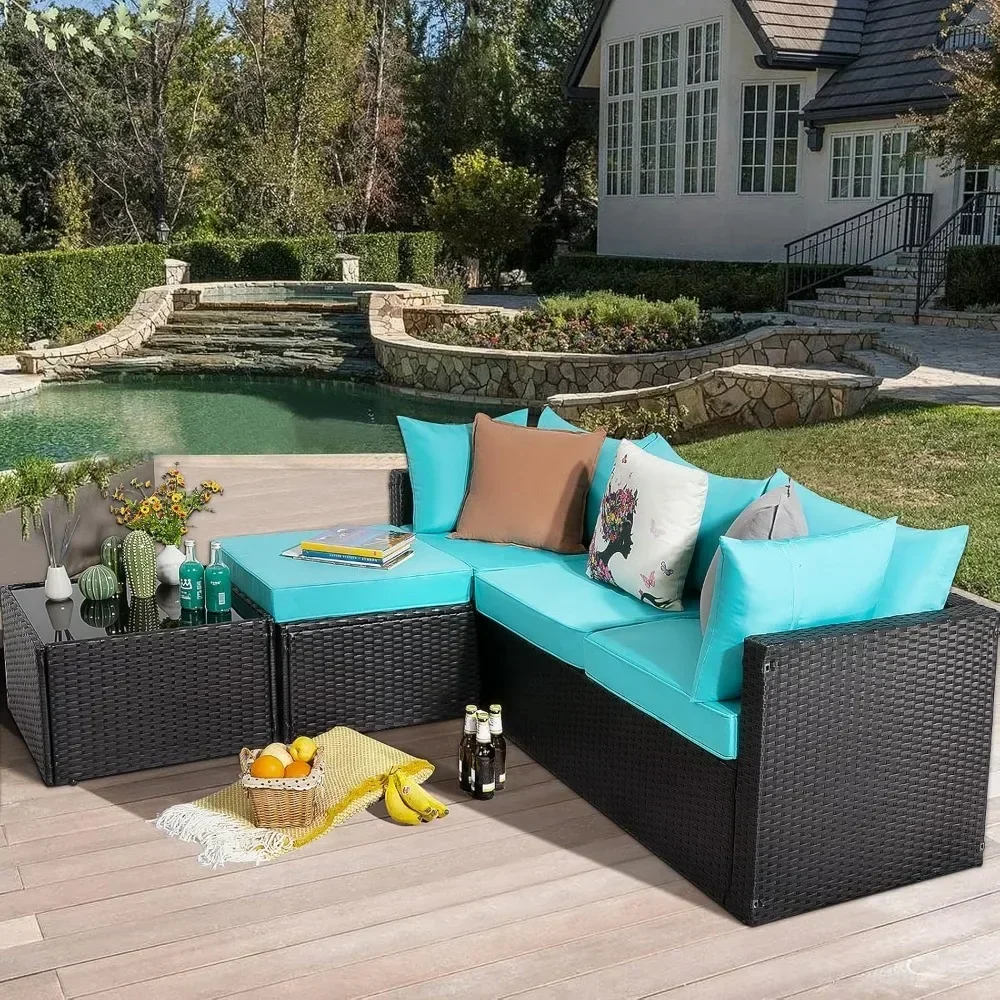 5 Pieces Patio Furniture Sets Sectional Sofa Manual Weaving Wicker Rattan Patio Conversation Set with Cushion and Glass Table