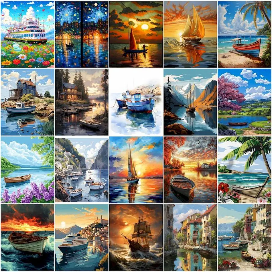 GATYZTORY الطلاء بالأرقام الدهانات الاكريليك علامات الألوان قارب مشهد اللوحات الزخرفية صورة رسم جدار الفن صورة أطقم