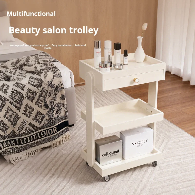 Solid Wood Cream Style Commercial Beauty Salon Small Trolley Tool Cart Hairdressing Nail Art Tattoo Bubble Instrument Mobile