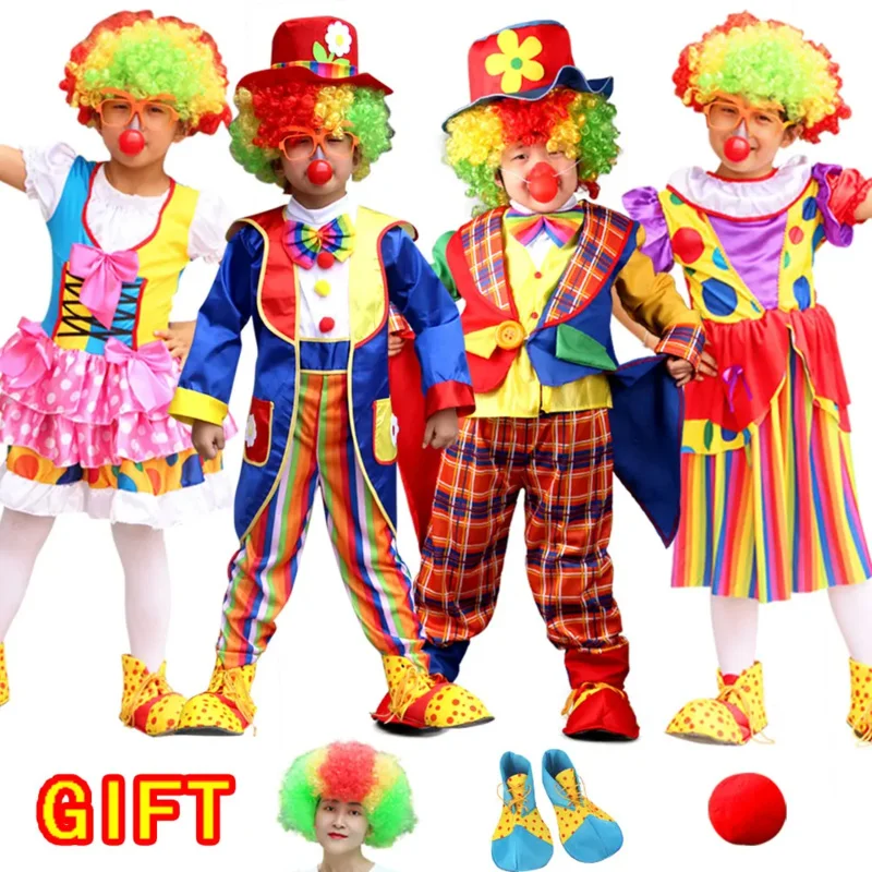 Children Clown Circus Cosplay Costumes Wig Shoes Cover Sponge Nose Boys Girls Baby Carnival Christmas Dress