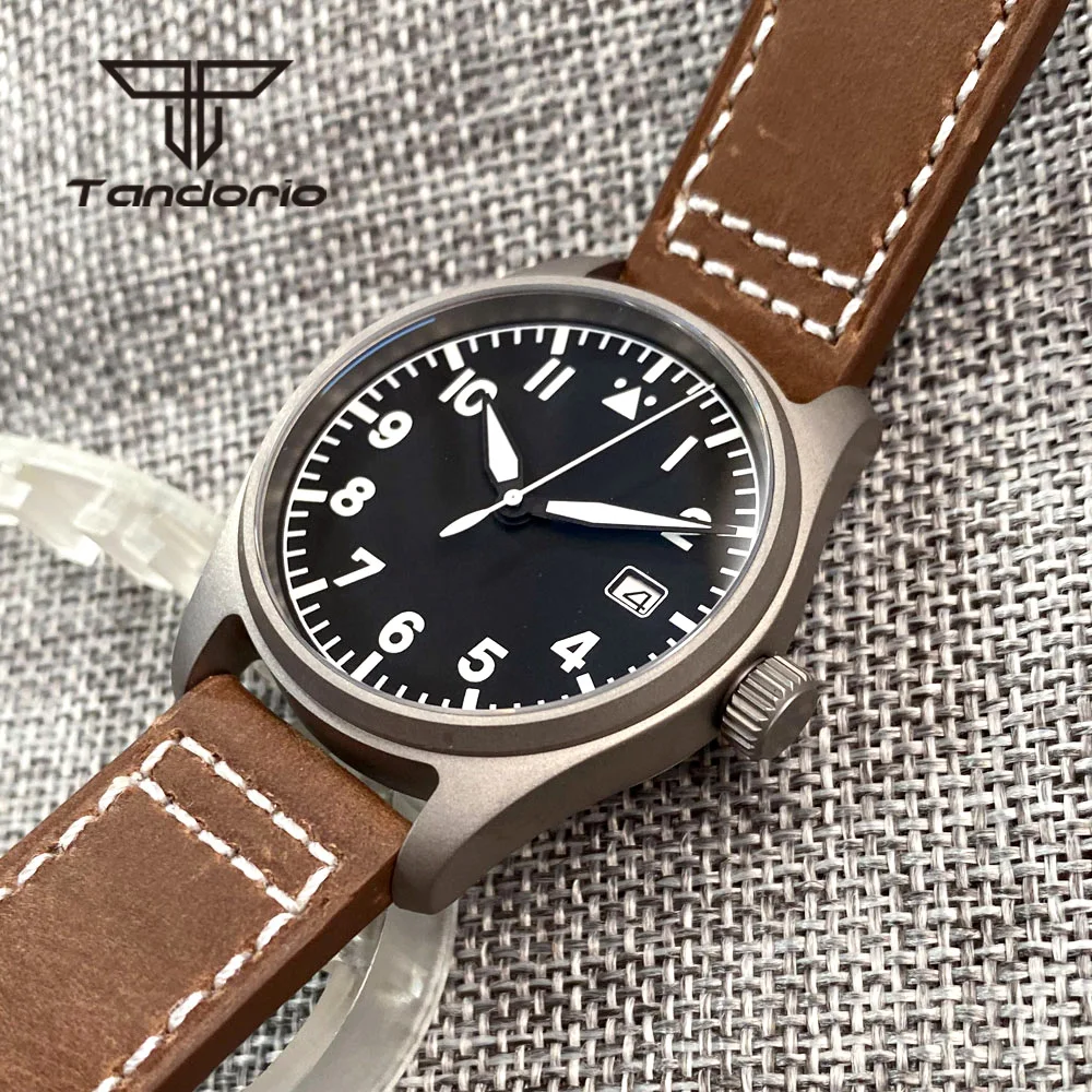 Tandorio Titanium Light Weight 39mm Pilot PT5000 NH35 20atm Dive Men\'s Automatic Watch Date Sapphire Crystal Leather Luminous