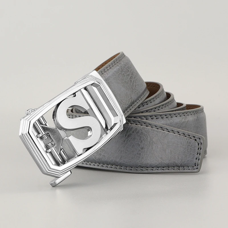 Cowboy Letter S Automatic Buckle Designer Belts Men Genuine Leather Fancy Light Gray Luxury Brand Casual Young Ceinture Homme