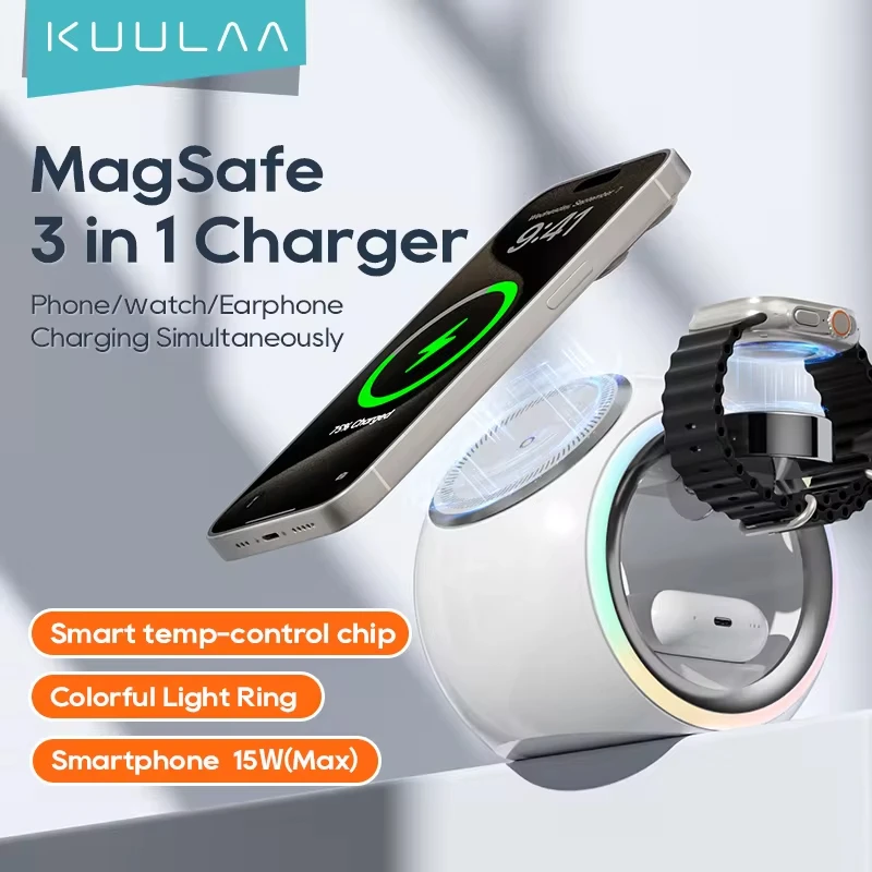 

KUULAA 3 in 1 Wireless Charger Color Changing LED Light Magnetic Wireless Charging Stand for iPhone 16 15 14 for AirPods Watch