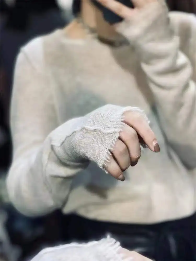 2024 봄 가을 신상 순 캐시미어 라운드넥 프린지 캐시미어 스웨터 여성 루즈핏 한국 스웨터 패션 울 베이스 셔츠