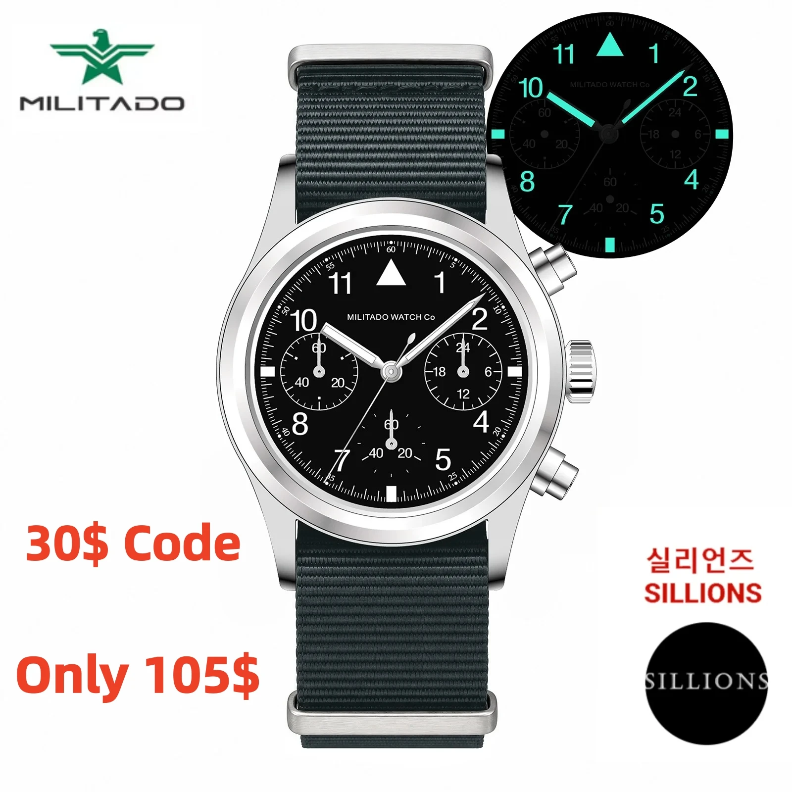 Militado ML26 Chronograph Watch VK63 Quartz 36.5mm 100M Waterproof Screw Down Crown Luminous Military Sports Watch for Men