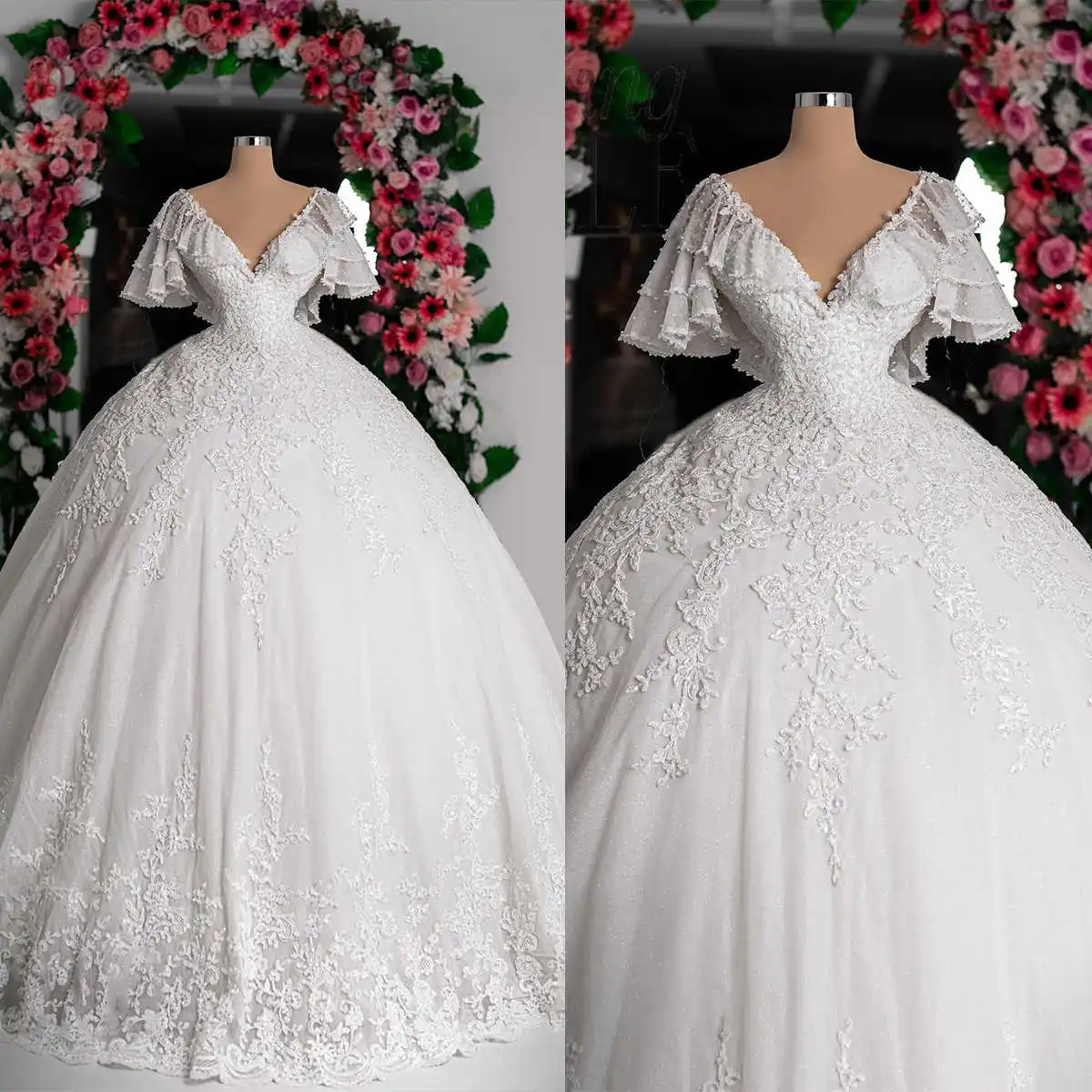 

Arabic Vintage Ball Gown Wedding Dresses Lace Appliqued Short Sleeve Bridal Gowns for Wedding Ceremony Plus Size vestido de